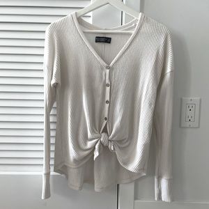A&F Knot-Front Soft & Cozy Loose-Fit Ribbed Henley Tunic in Ivory White
